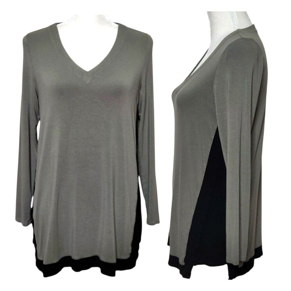 J. Jill Wearever Co. Women Size L Top Tunic Blouse Shirt Green/Black V Neck NWT